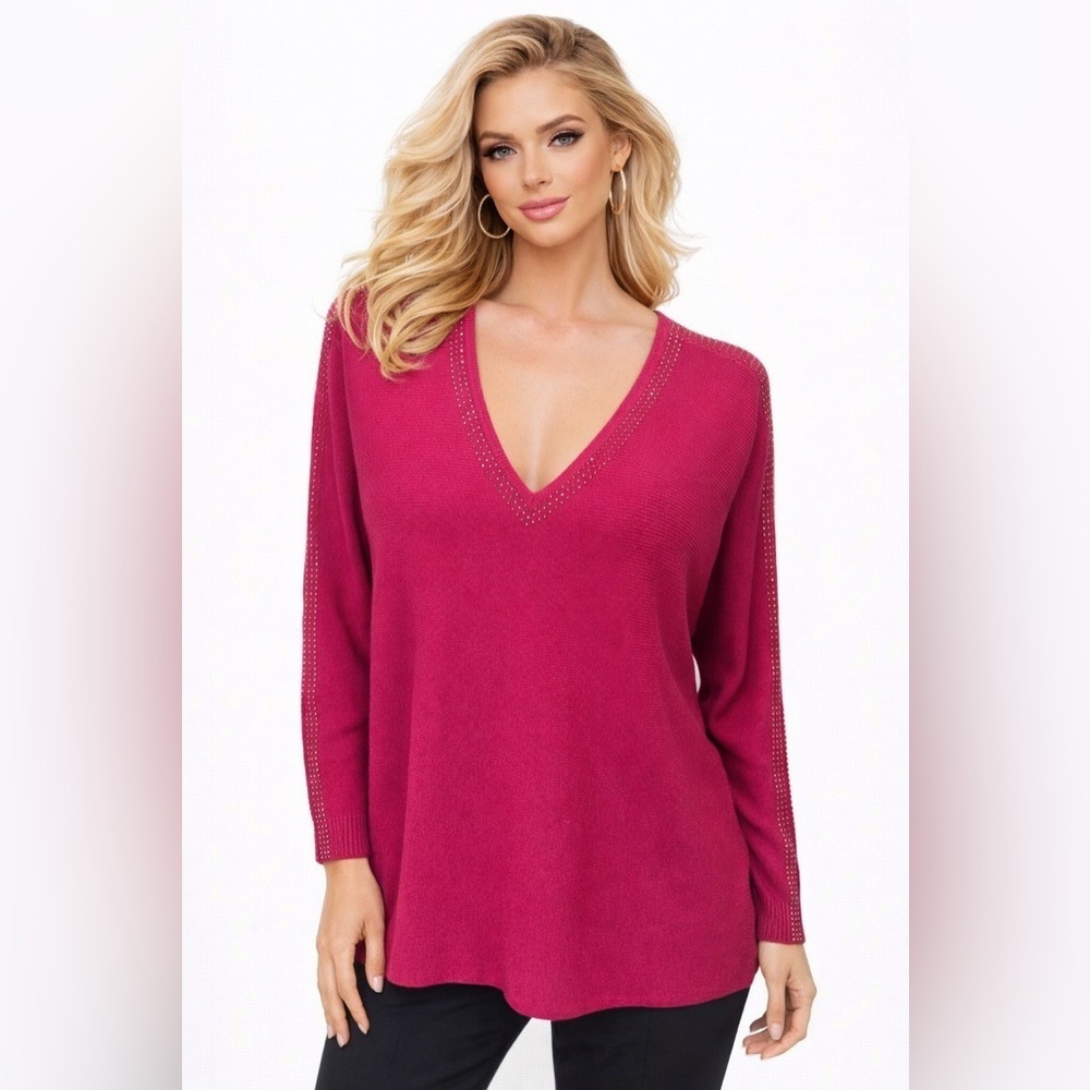 Liv Milano Women’s XL Pink V Neck Sweater Rhinestone Studded Sleeve Tunic